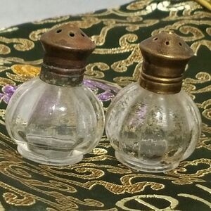 Vintage Mini Glass Salt Pepper Shakers Brass Tops Ribbed 1.5 x 1 in